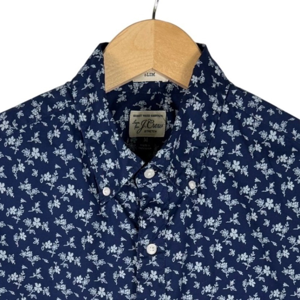 J.Crew Secret Wash Slim Fit Shirt Mens M Navy Blue Floral Stretch Button Down